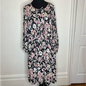 Torrid MIDI Swiss Dot Pleat Long Sleeve Dress Rayon Floral Women’s Size 3
